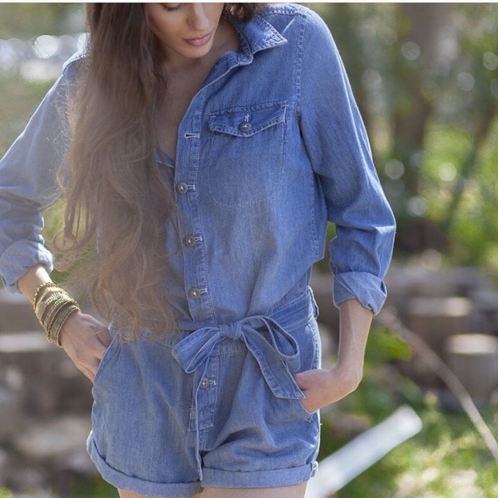 Free people chambray romper long sleeve denim L - Picture 1 of 7